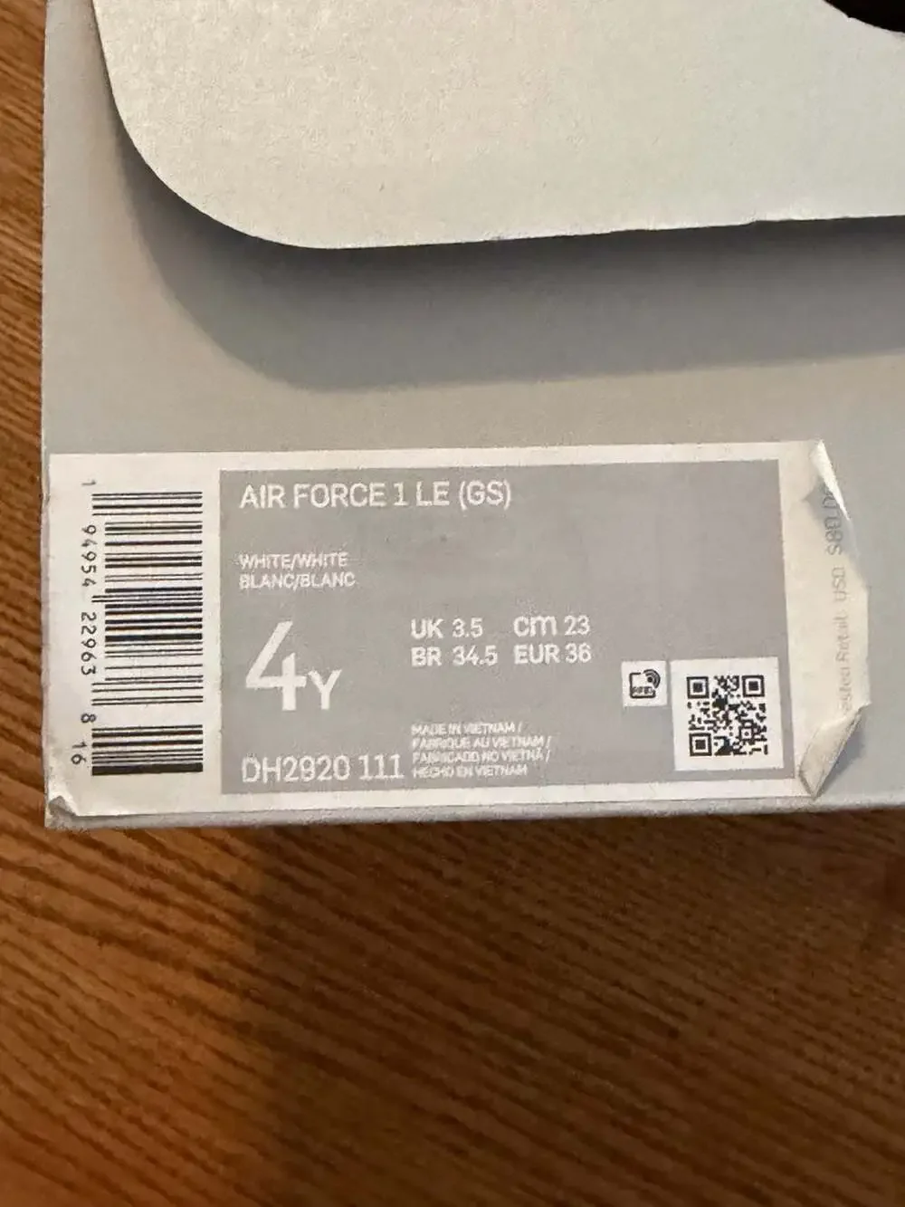 Nike Air Force 1 LE GS White Triple White DH2920-111 Size 4Y